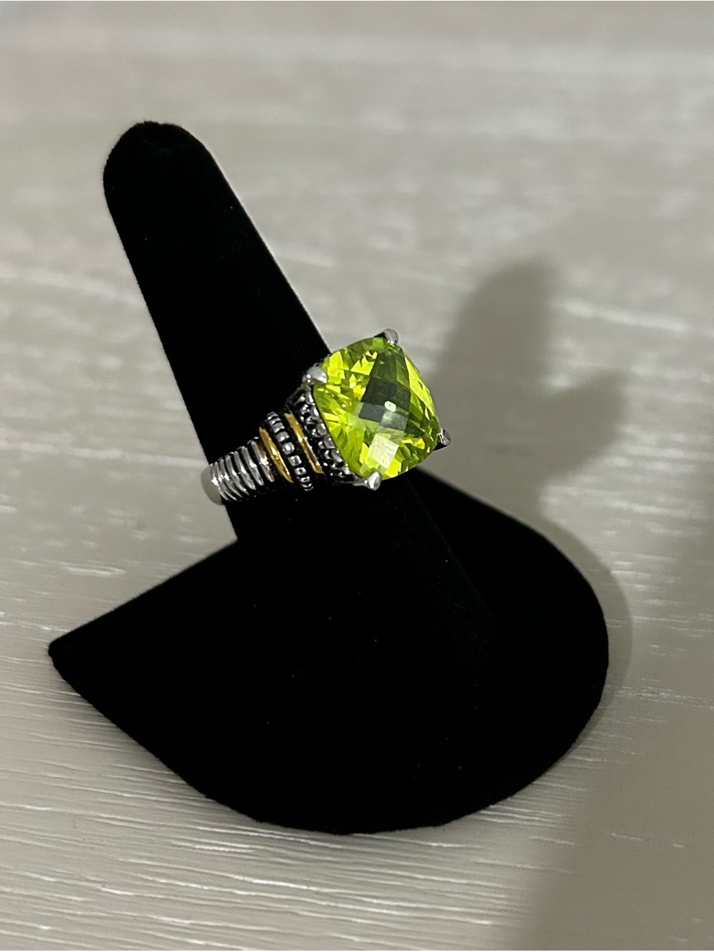 Silver Statement Ring with Faux Peridot Cushion Stone Setting